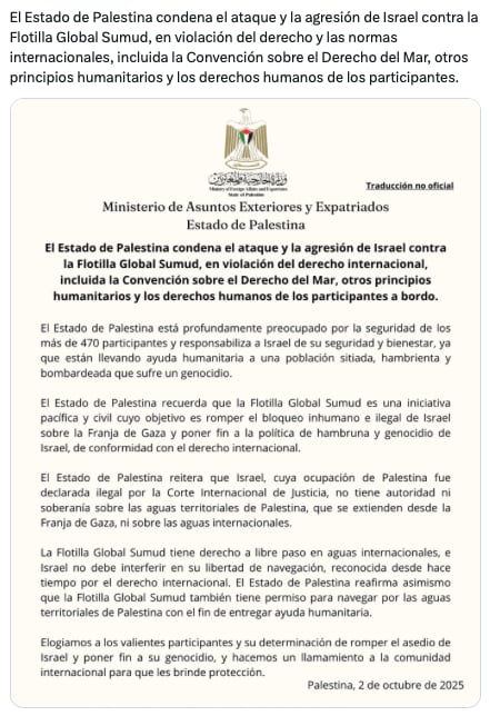 El Gobierno Palestino condena ataque de Israel a Flotilla Global Sumud