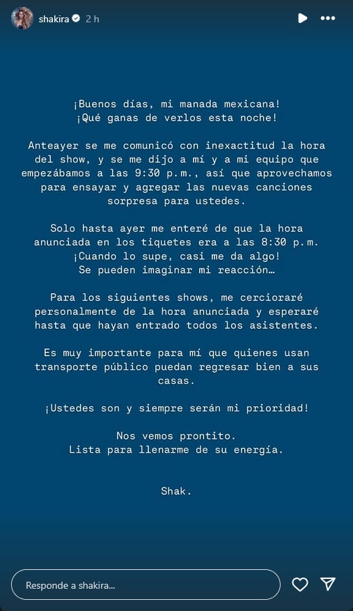 Shakira lanza comunicado sobre el retraso de su primer concierto en CDMX.