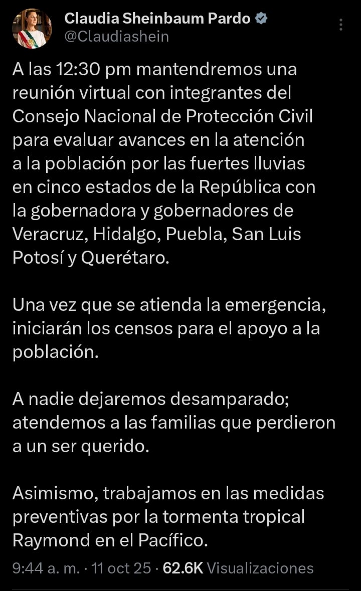 Claudia Sheinbaum adelanta acciones de Protección Civil ante lluvias de México.