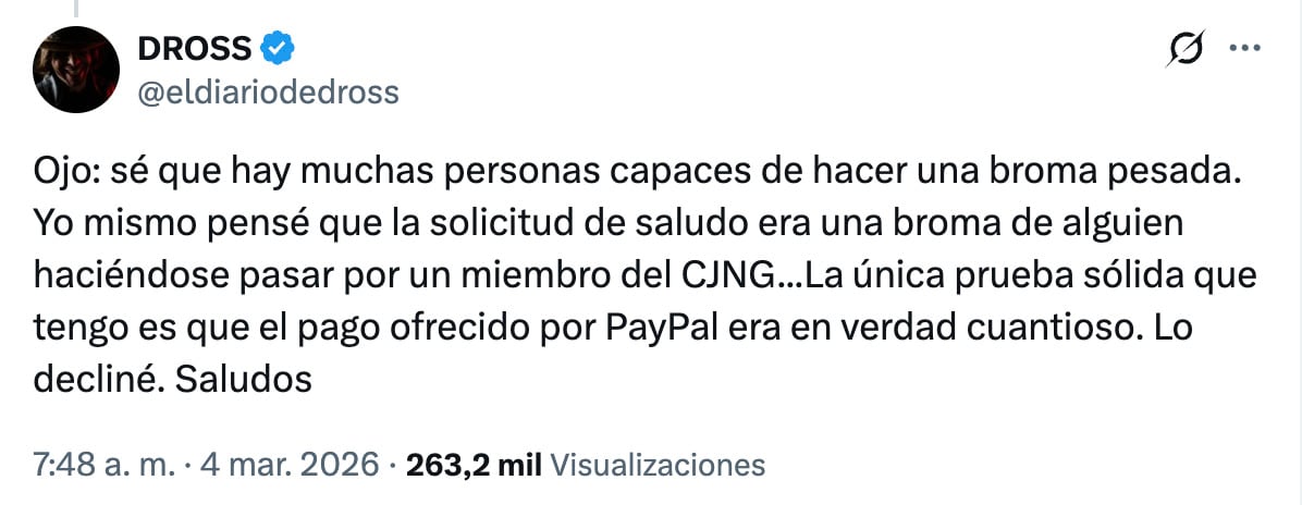 Dross revela que el CJNG lo contactó para un video por el cumpleaños de la hija de El Mencho