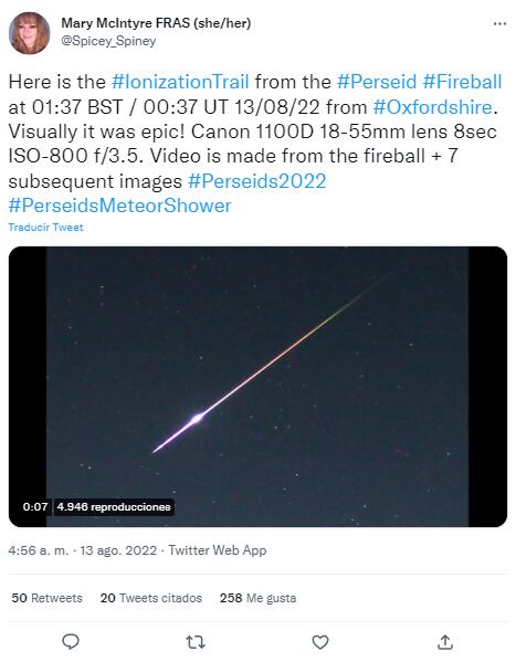 Meteorito de las Perseidas compartido por la astrónoma baneada de