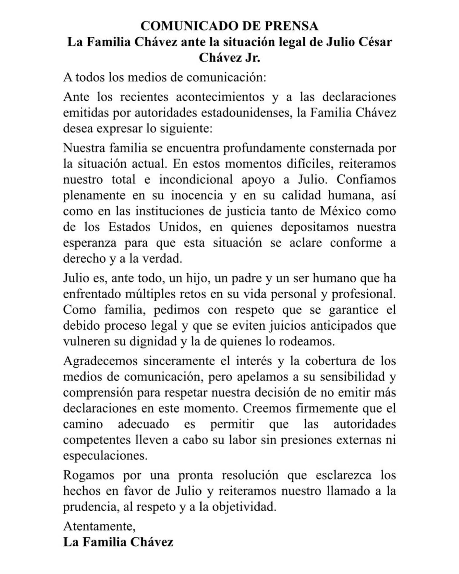 Comunicado de familia de Julio César Chávez Jr.