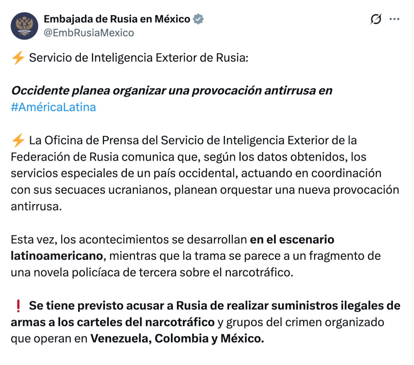 Rusia denuncia supuesto plan para vincularla con cárteles mexicanos