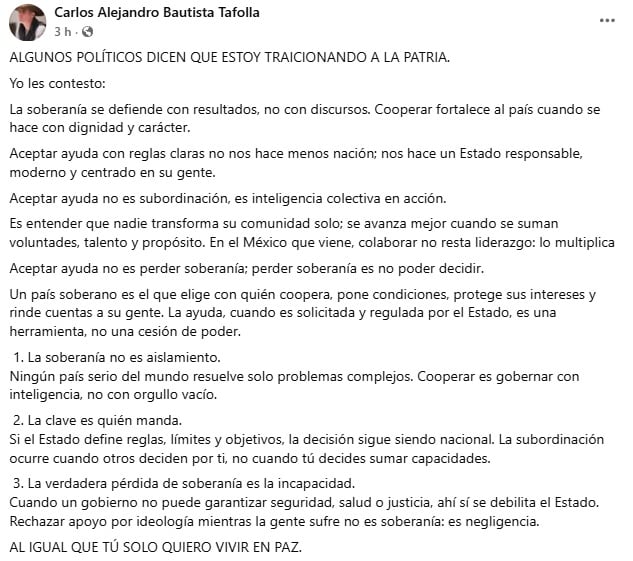 Bautista Tafolla rechaza "traición a la patria" tras solicitar ayuda a Estados Unidos por caso Carlos Manzo