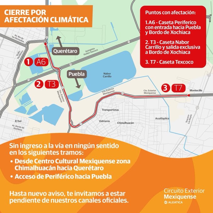 Cierres del Circuito Exterior Mexiquense por inundaciones por lluvias