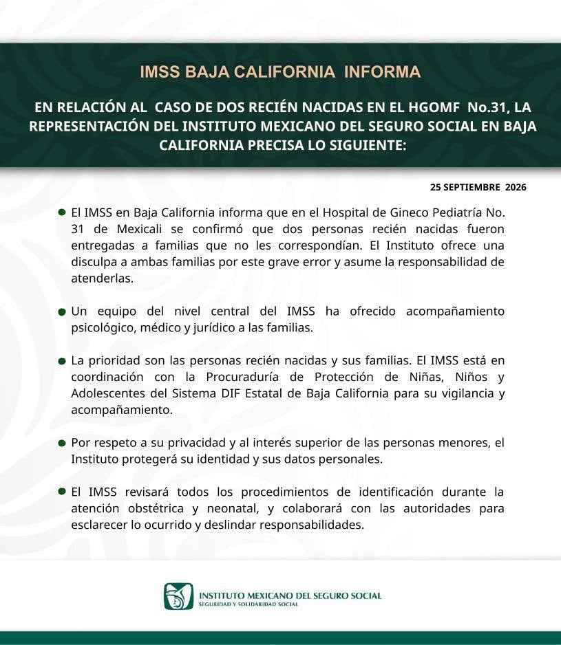 IMSS se disculpa tras entregar por error a dos recién nacidas en Mexicali