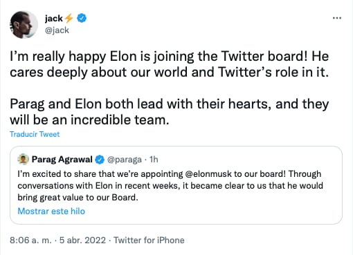 Jack Dorsey, fundador de Twitter muestra alegría por la unión de Elon Musk a la red social/@jack