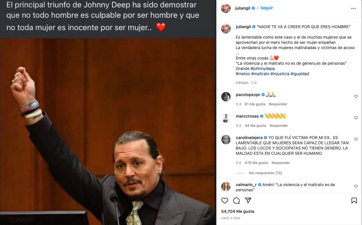 Mensaje de Julián Gil sobre Johnny Depp