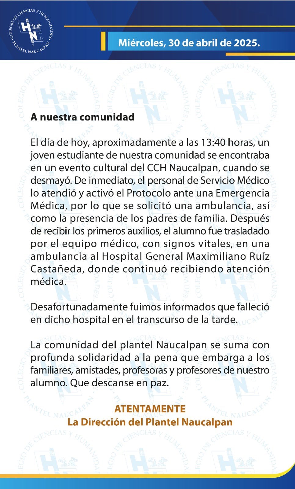 Muere estudiante César Emiliano Hernández Dávalos del CCH Naucalpan de la UNAM tras desmayarse durante concierto