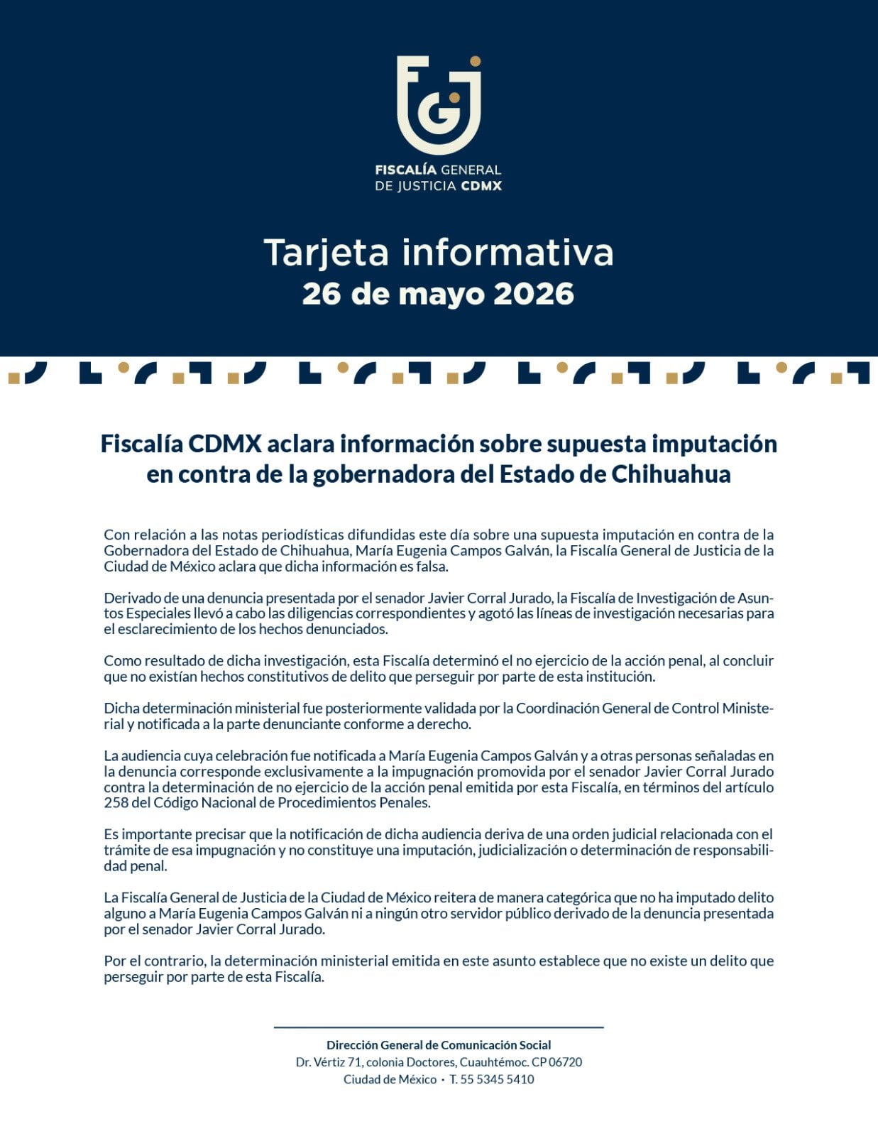 Fiscalía CDMX descarta delito en denuncia de Javier Corral contra Maru Campos