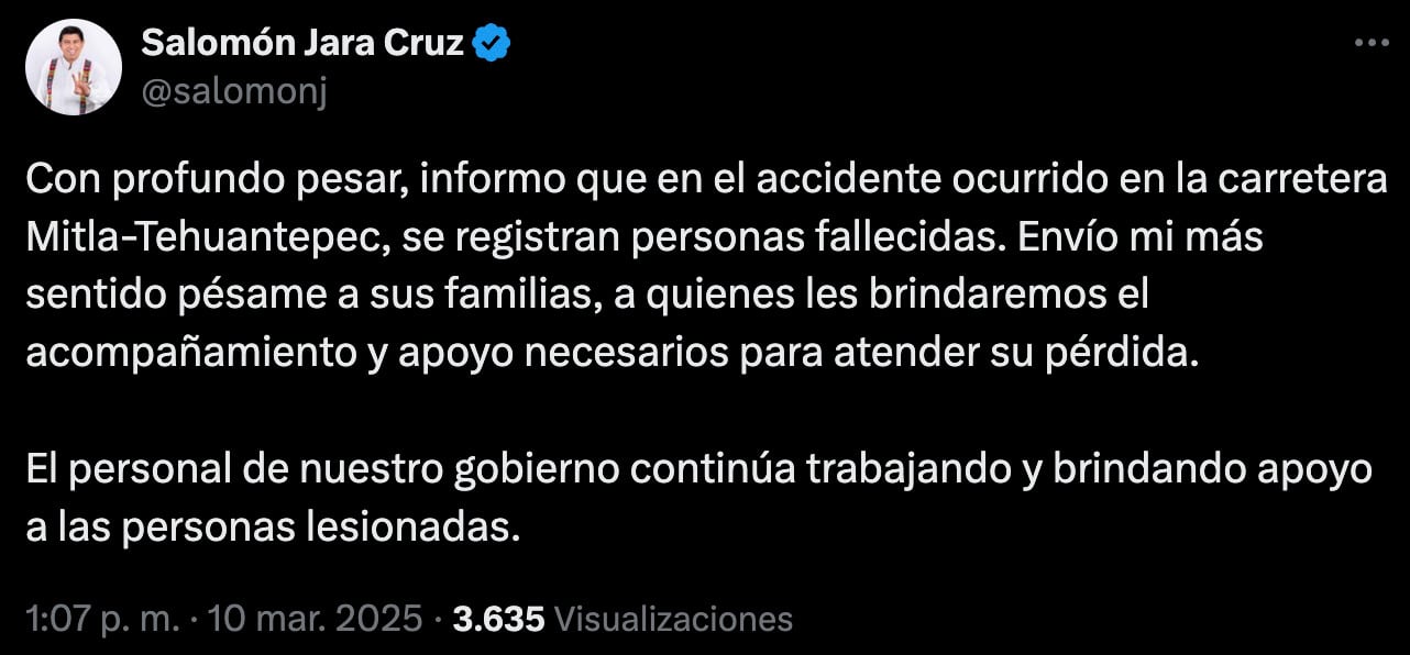Salomón Jara accidente en autopista Mitla-Tehuantepec.