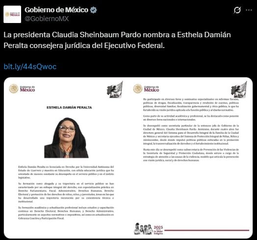Esthela Damián es la nueva consejera jurídica de la Presidenta