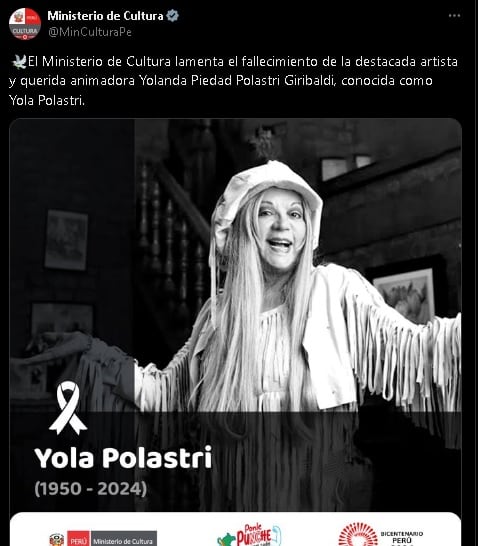 Ministerio de Cultura de Perú da condolencias a la muerte de Yola Polastri.