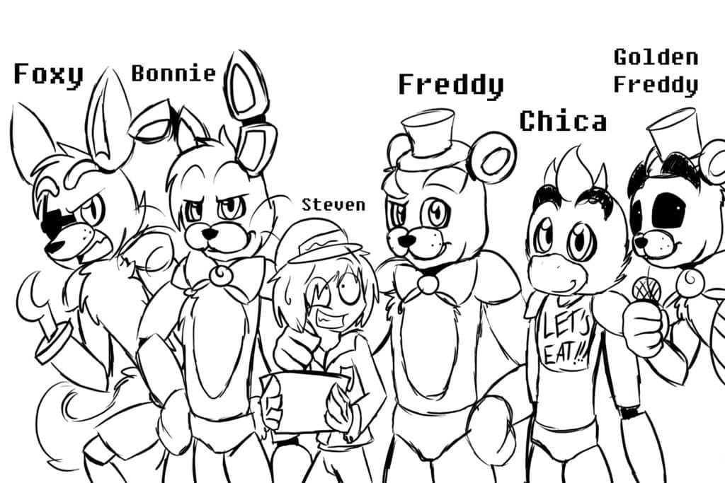 Personajes anime en los dibujos de Five Nights at Freddy’s para colorear