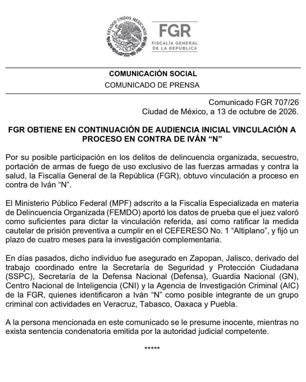 Comunicado de la FGR sobre la vinculación a proceso de El Tanque.