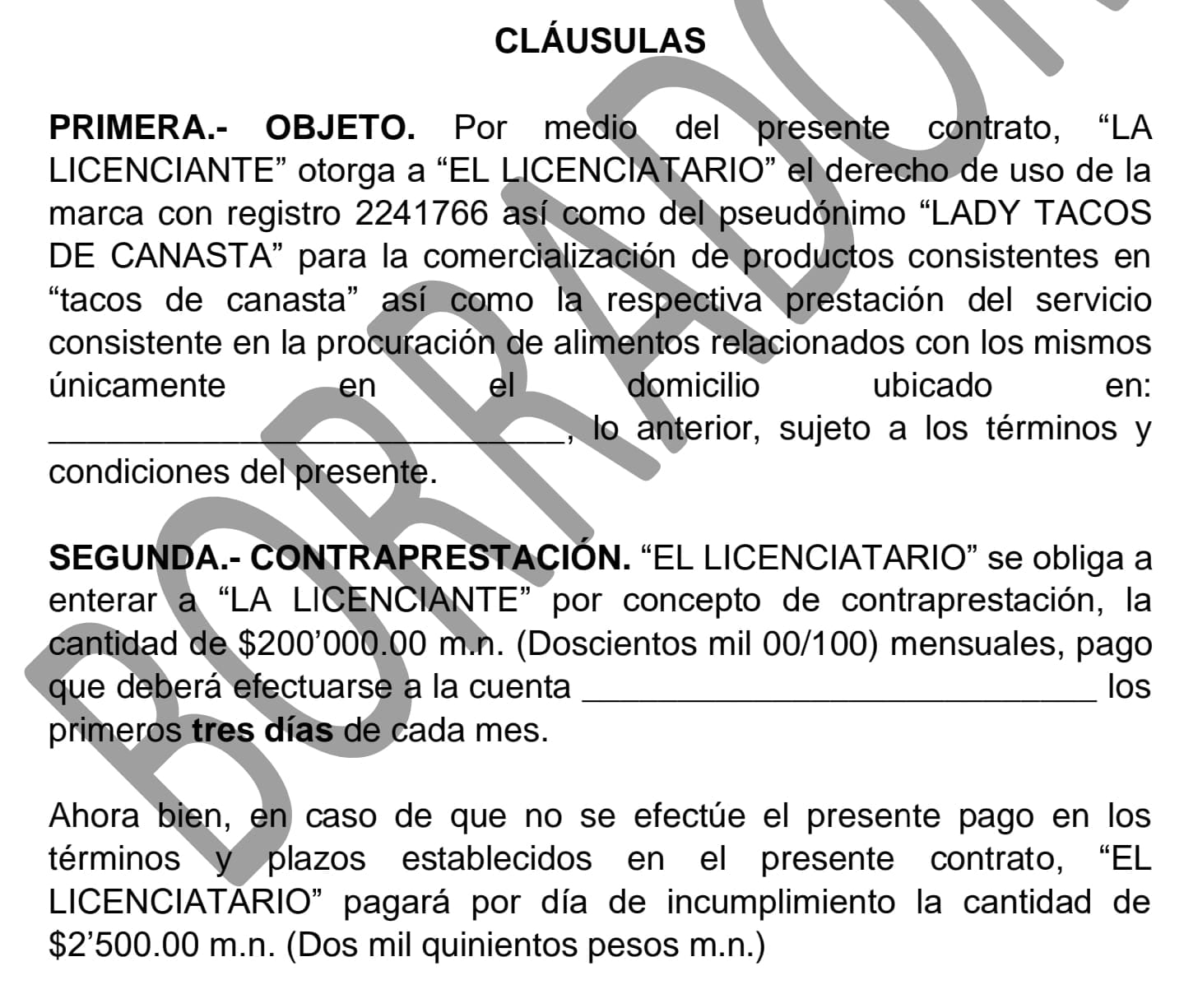 Supuesto contrato que Lady Tacos de Canasta envió a 'Usharu'.