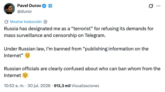 Pavel Durov reacciona a acusación de terrorista
