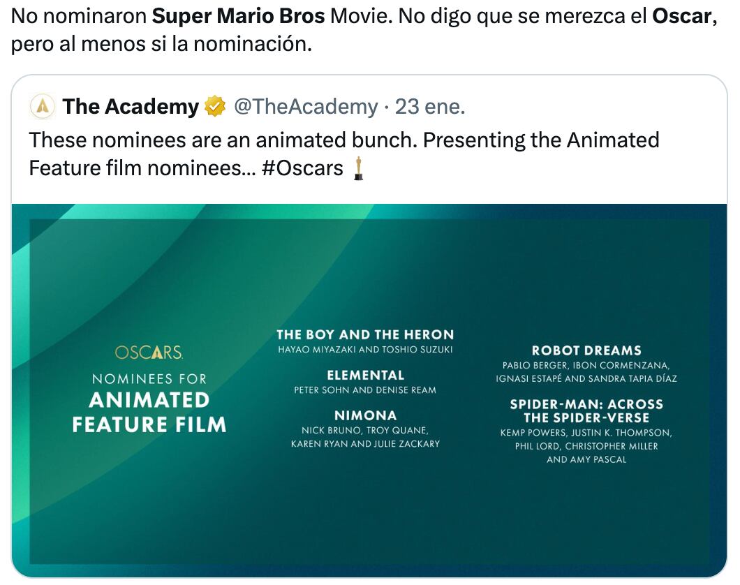 Super Mario Bros.: La Película se queda sin nominación a los Premios Oscar 2024