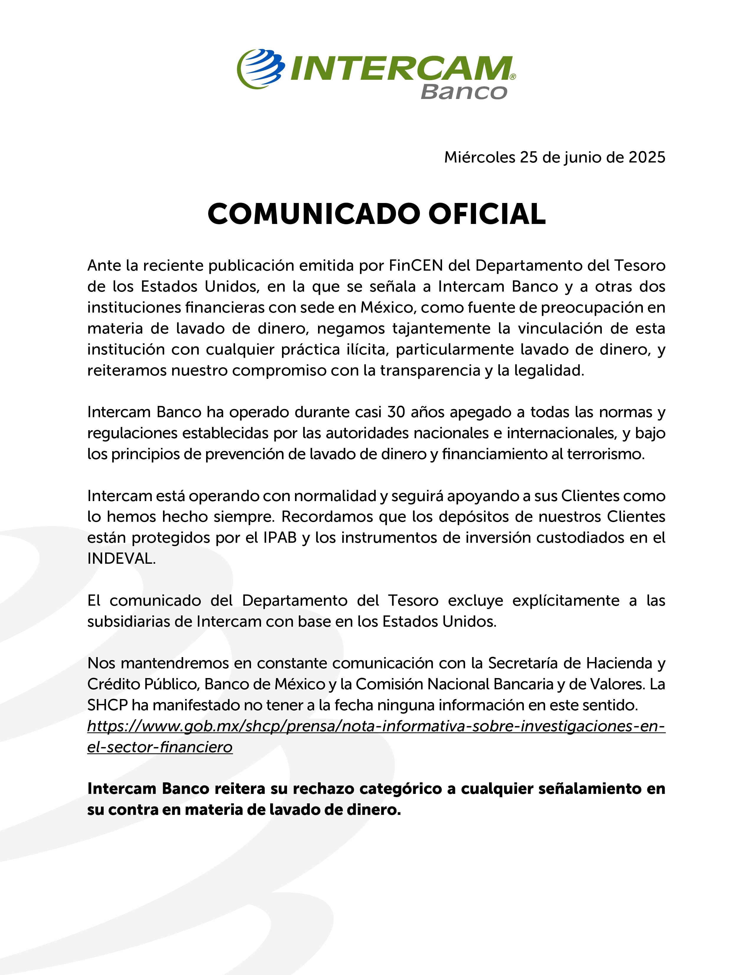 Comunicado de Intercam Banco