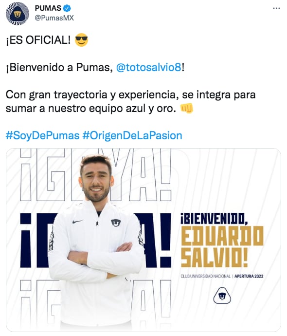 Toto Salvio, nuevo refuerzo de Pumas