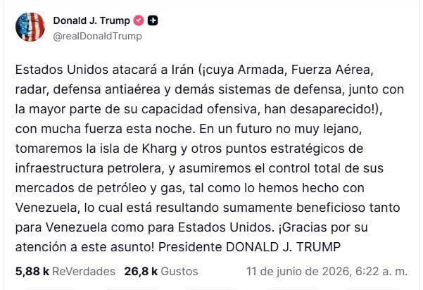 Trump aseguró que Irán tendrá el mismo futuro de Venezuela en cuanto a control de su industria energética
