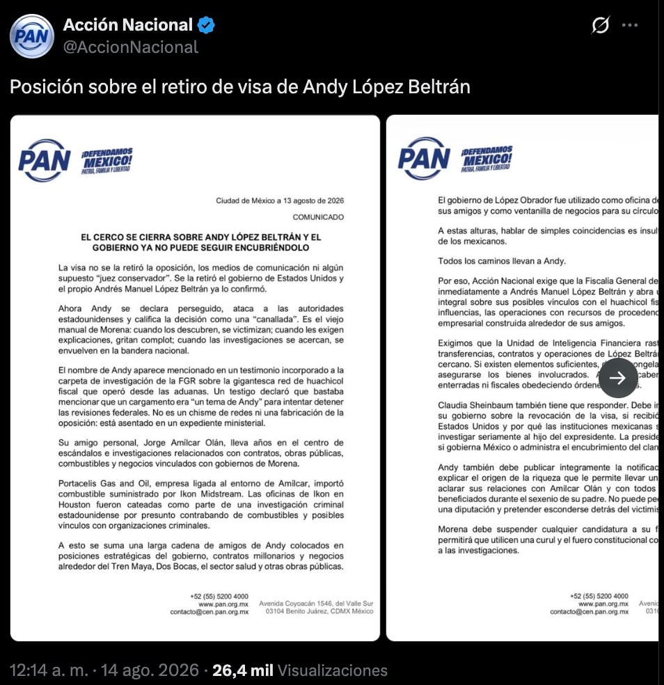 PAN exige investigación contra Andrés Manuel López Beltrán