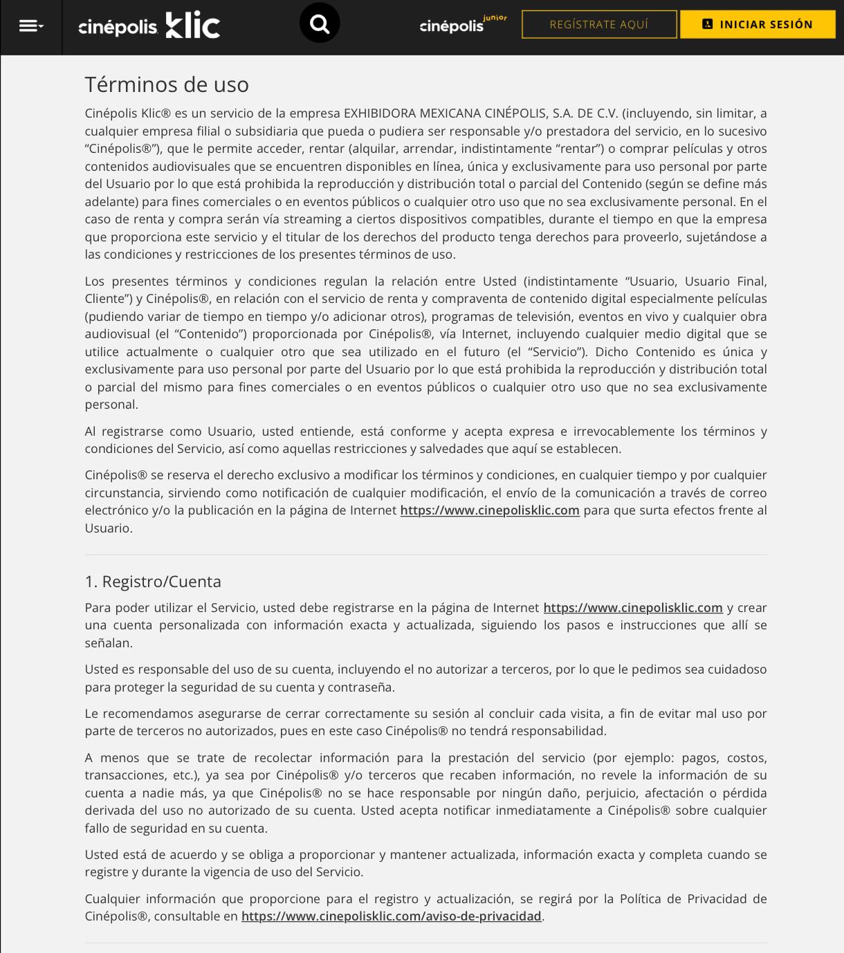 Términos y condiciones de Cinépolis Klick