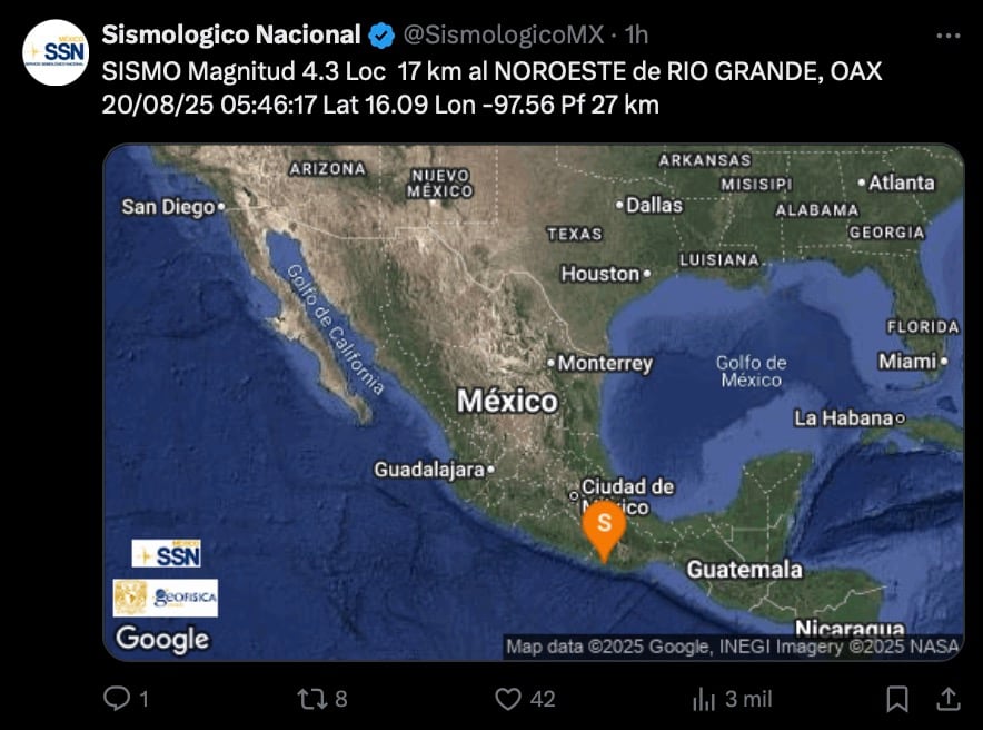 Sismo de magnitud 4.3 en Oaxaca
