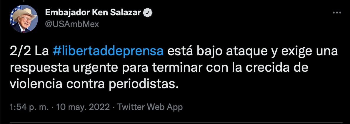 Ken Salazar condena asesinato de periodistas Yesenia Mollinedo y Sheila Johana Garcia