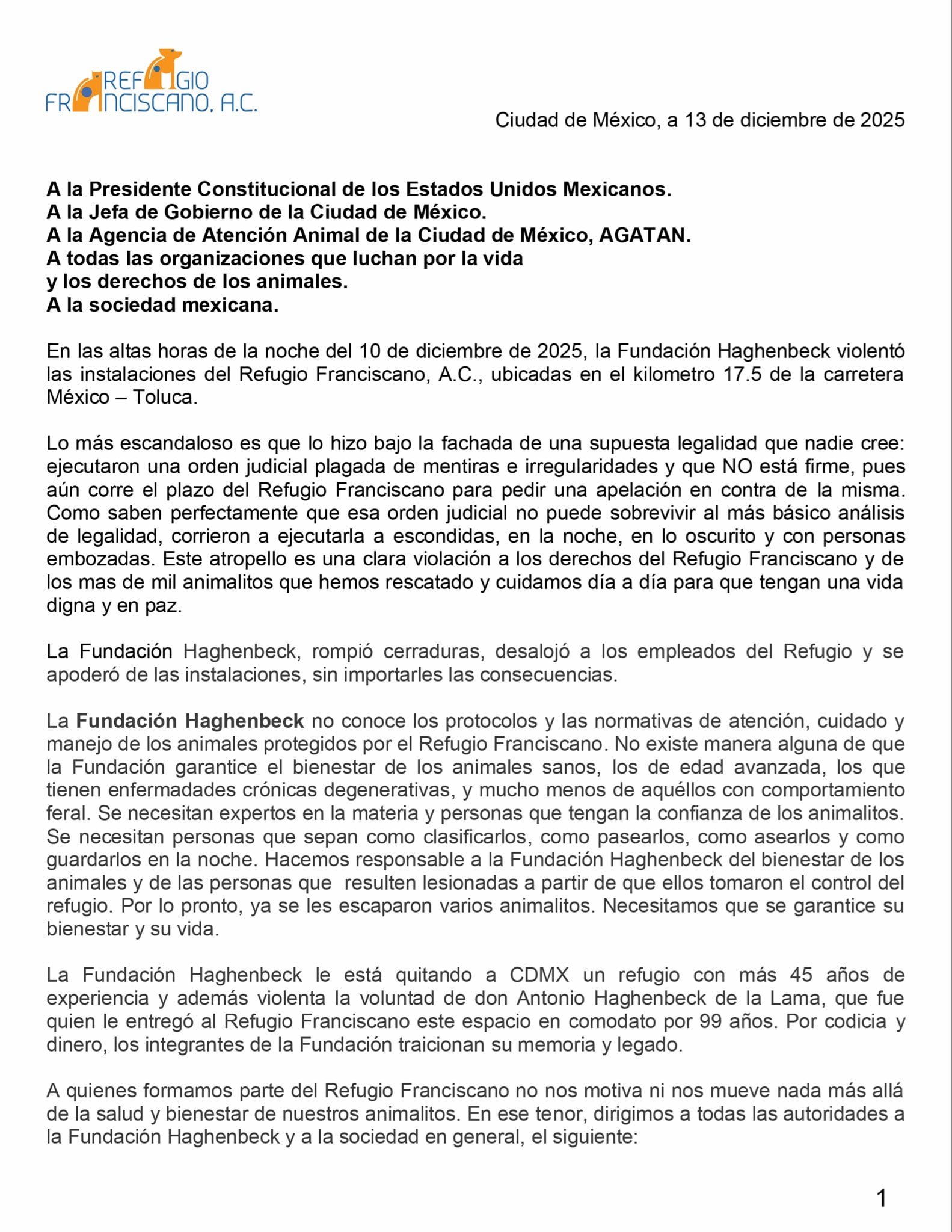 Refugio Franciscano acusa a Fundación Haghenbeck de desalojo por desarrollo inmobiliario
