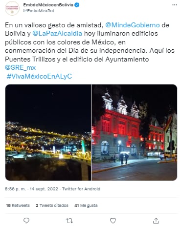 Este 15 de septiembre, los Puentes Trillizos y el Ayuntamiento de Bolivia se vistieron con colores de la bandera de México por el Día de la Independencia
