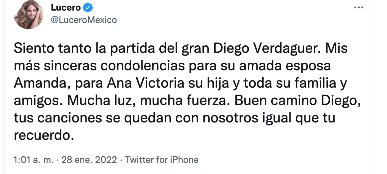Lucero lamenta muerte de Diego Verdaguer