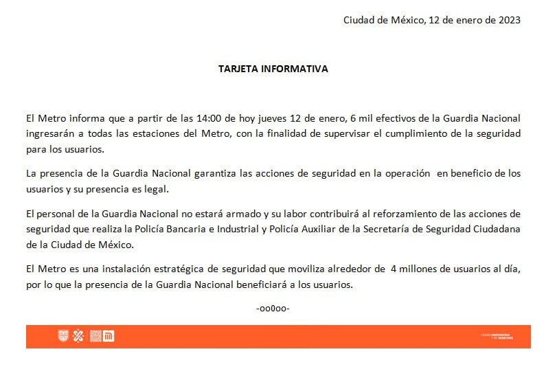 Claudia Sheinbaum celebra que Guardia Nacional ya llegó al Metro para cuidarlo