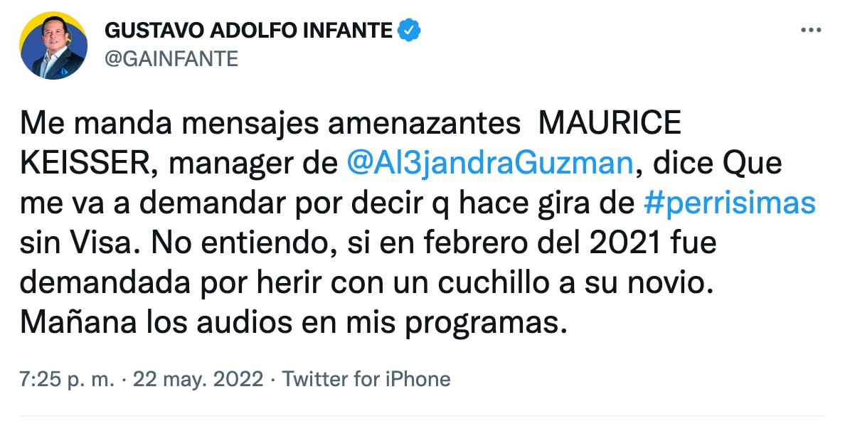 Gustavo Adolfo Infante fue amenazado por el manager de Alejandra Guzmán