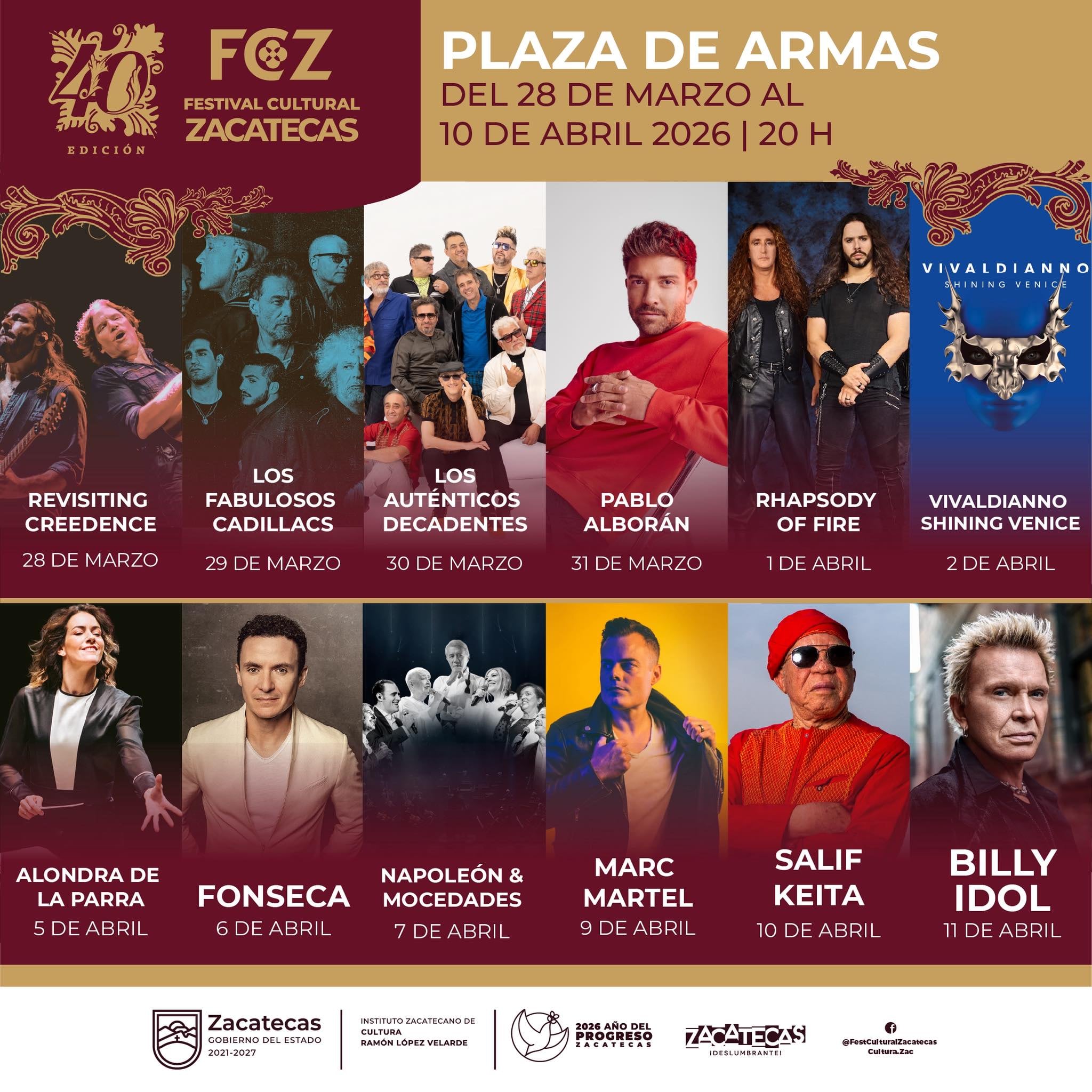 Cartelera del Festival Cultural Zacatecas 2026: artistas, fechas y boletos