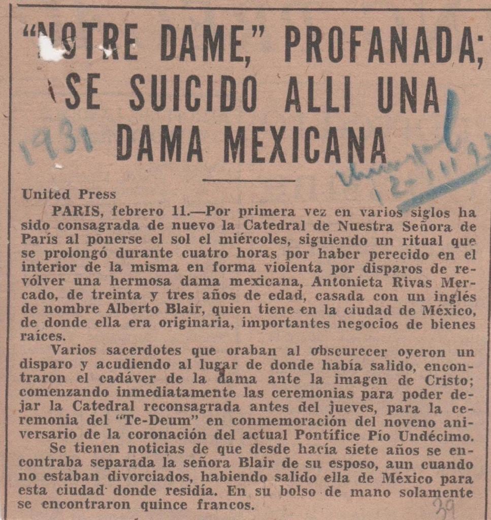 Noticia de la muerte de Antonieta Rivas Mercado
