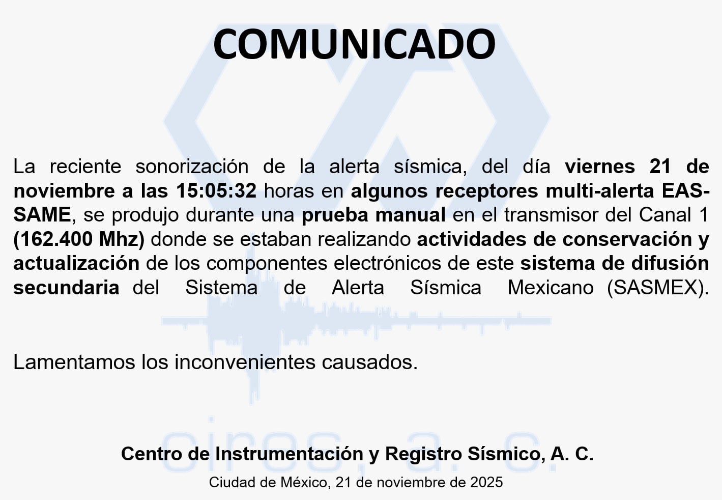 Cires se adjudica la responsabilidad por la activación en falso de la alerta sísmica el 21 de noviembre de 2025