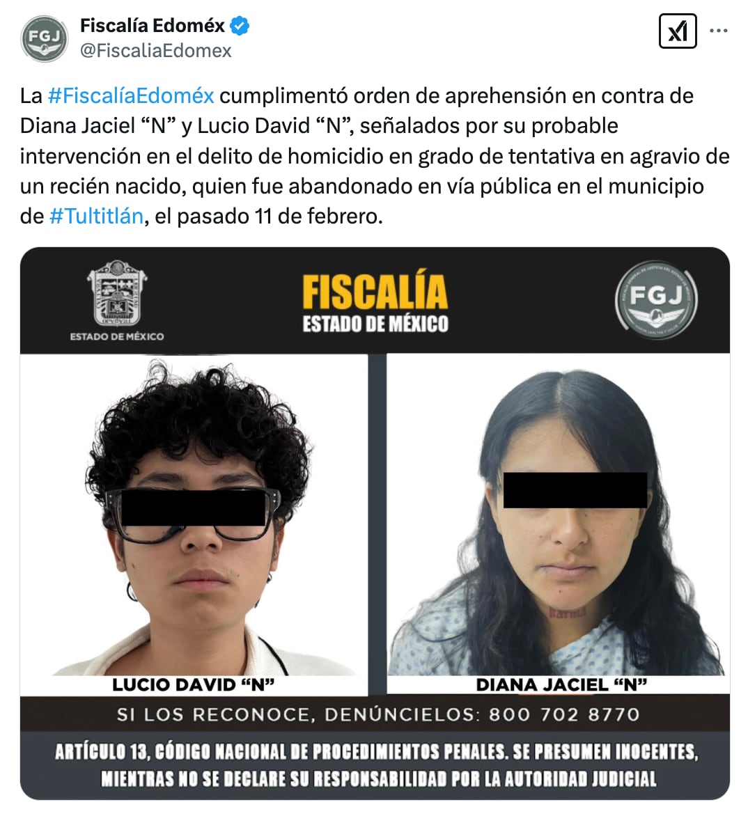 Lucio David y Diana Jaciel ya fueron detenidos