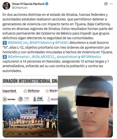 Omar García Harfuch anuncia dos detenciones en Sinaloa.