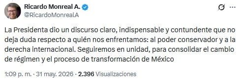 Ricardo Monreal aplaude discurso contundente de Sheinbaum contra la derecha internacional