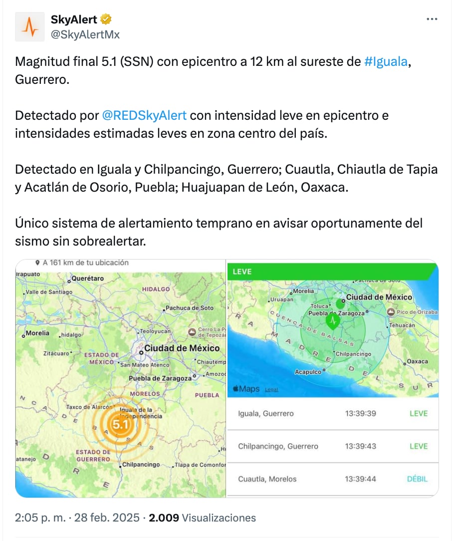 Reporte de SkyAlert sobre el sismo de hoy 28 de febrero de 2025