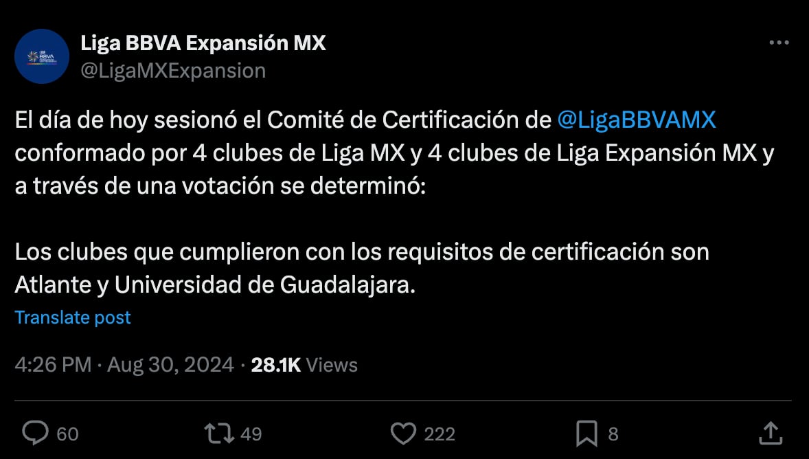 Comunicado de la Liga Expansión MX