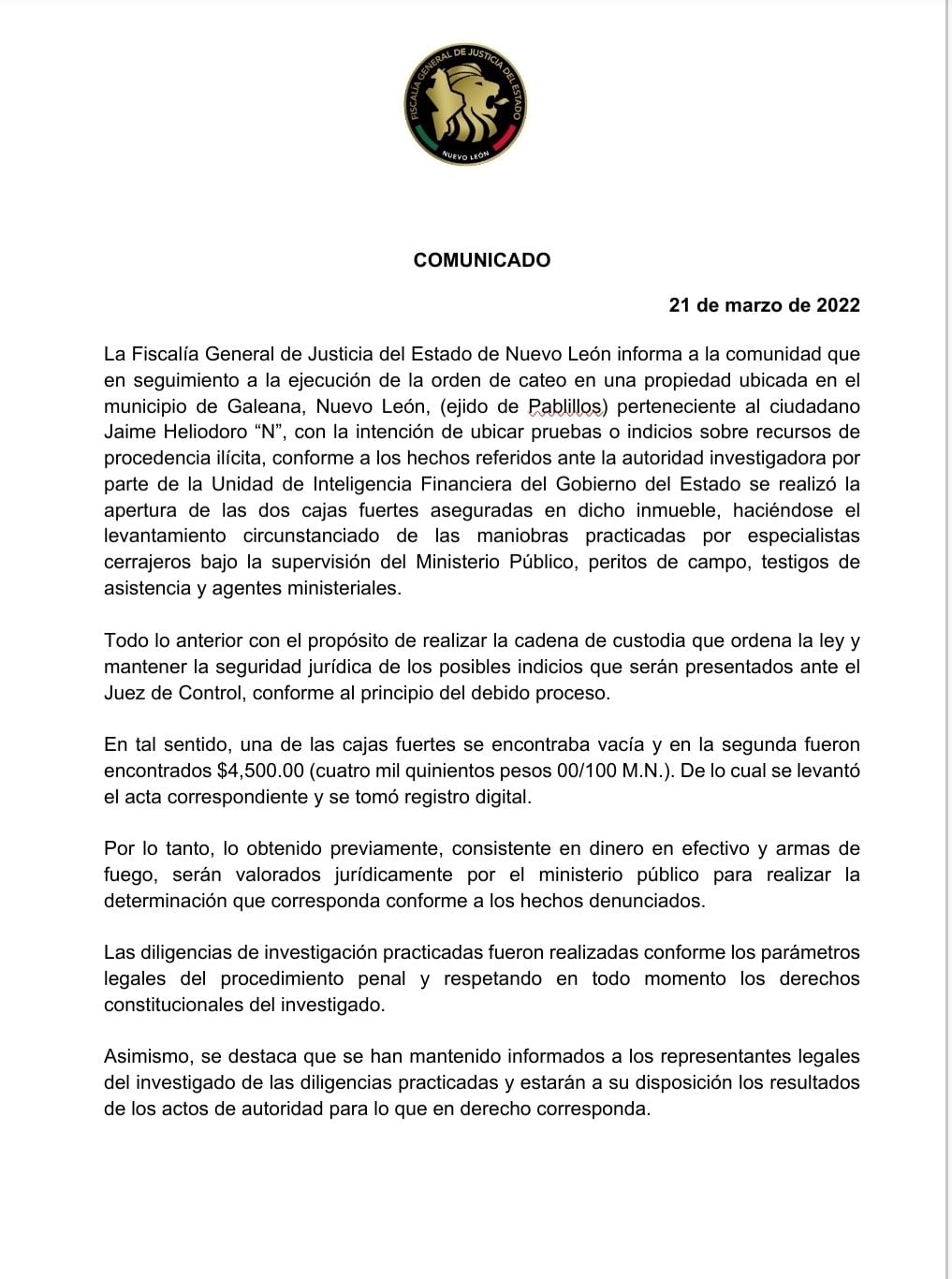 Comunicado de la Fiscalía de Nuevo León sobre cateo realizado a un domicilio de "el Bronco"