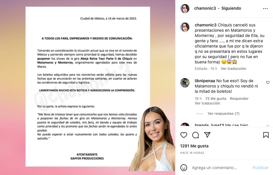 Chiquis Rivera canceló sus conciertos en México