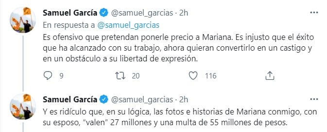 Publicación de Samuel García en Twitter