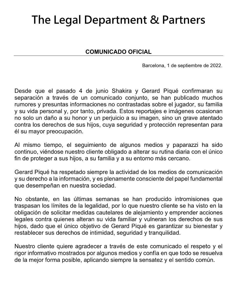 Comunicado del equipo legal de Gerard Piqué