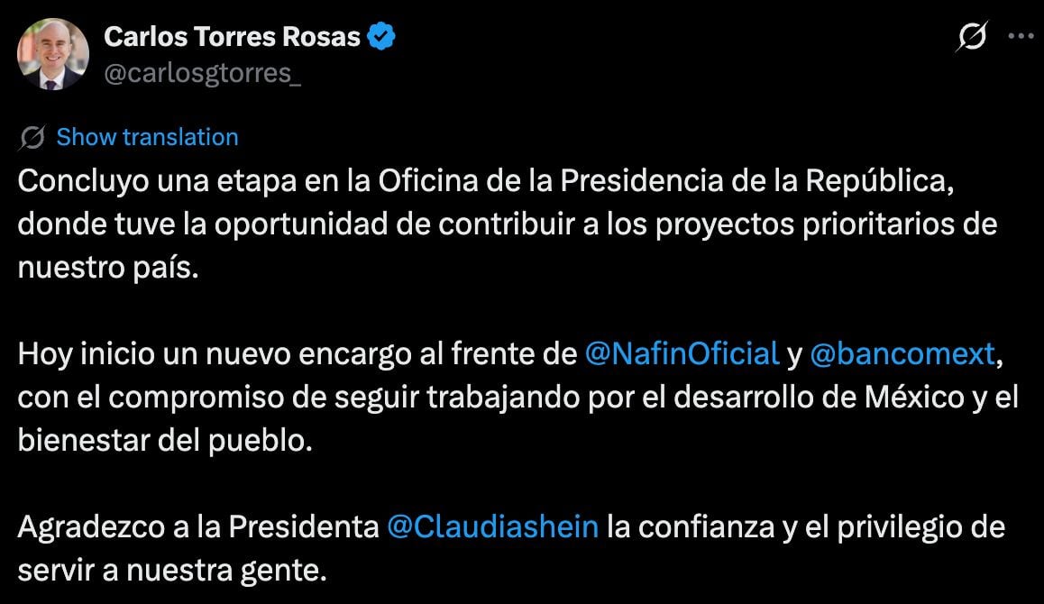 Carlos Torres Rosas llega a la dirección de Nafin y Bancomext