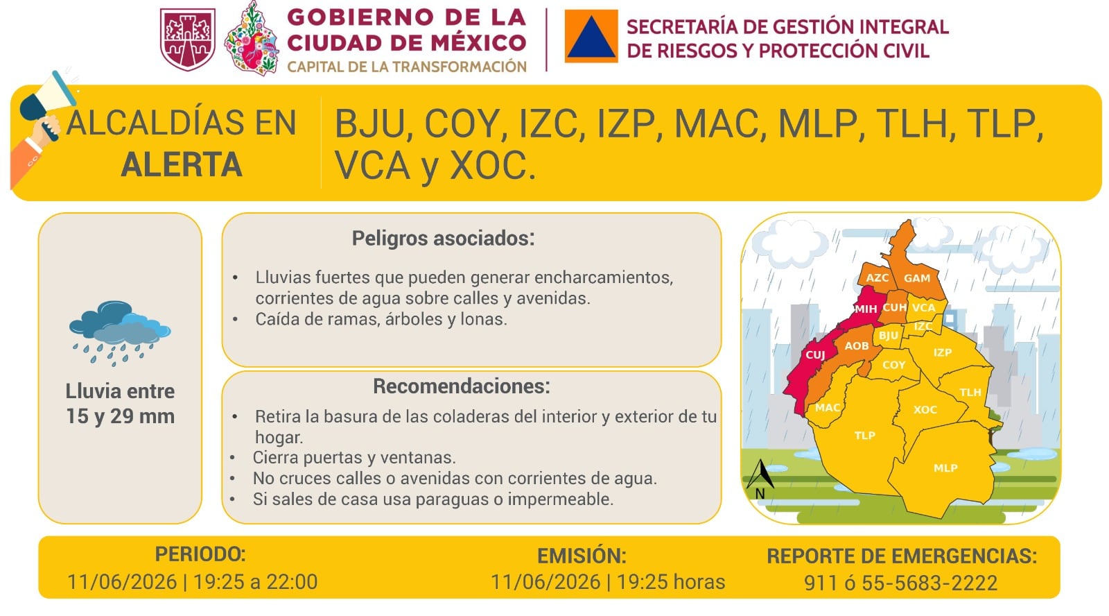Alerta Amarilla por lluvias fuertes en 10 alcaldías de la CDMX