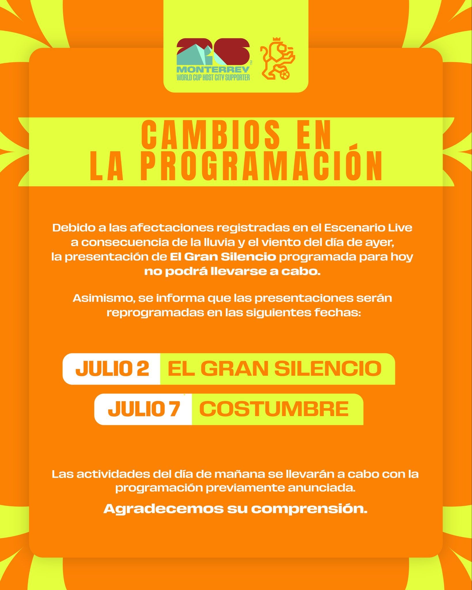Lluvias en Nuevo León suspenden presentación de El Gran Silencio