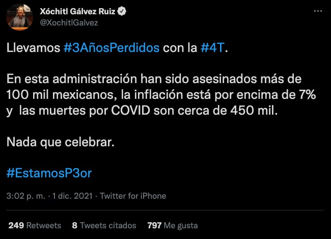 Xóchitl Gálvez a tres años del gobierno de AMLO; "no hay nada que celebrar"
